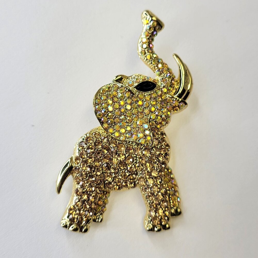 Elephant Brooch Lapel Pin  Gold tone Rhinestones Dazzling Elephant Pin